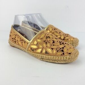 Tory Burch 7.5 Rhea Floral Lace Gold Metallic Women Espadrille Flats Shoes